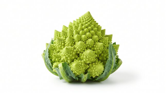 Fresh Romanesco cauliflower with intricate lime-green spiral florets and crisp leaves, showcasing its distinctive natural geometry and culinary appeal. Isolated on White background.