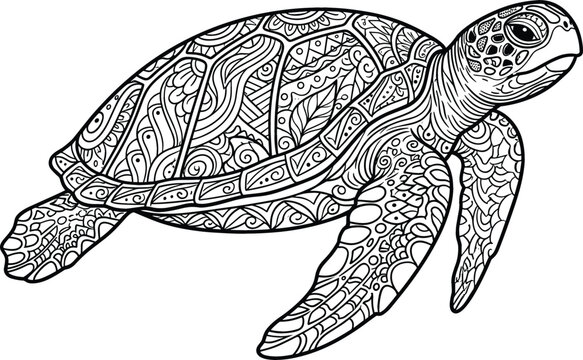 Decorative Sea Turtle Zentangle Vector Line Art Illustration Featuring Mandala Paisley Patterns Shell Texture And Marine Ornaments For Adult Coloring Page And Tattoo Designs