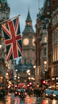 British Union flag hanging vertically in rainy historic city street with clock tower