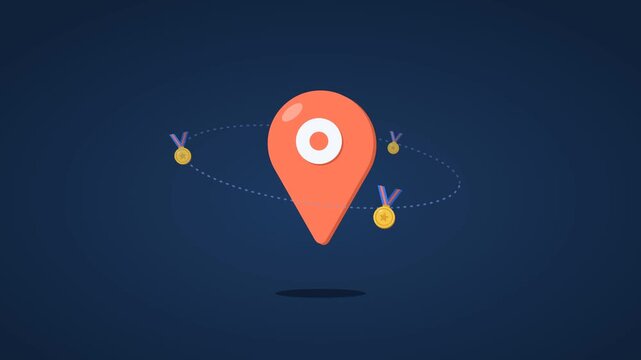 Medals orbiting map pin, connected ecosystem concept animation