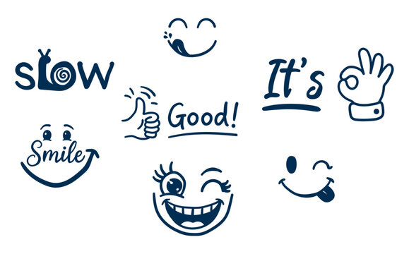 Set of handdrawn doodle style emoticons and phrases including slow, good, its ok, and smile