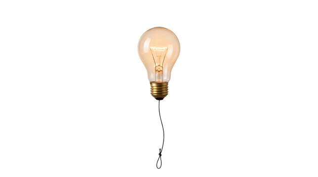 Glowing light bulb balloon floating on white background, creative idea concept with incandescent lamp, warm orange light and wire string