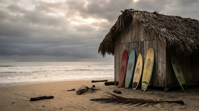 Surfboards leaning against a beach hut