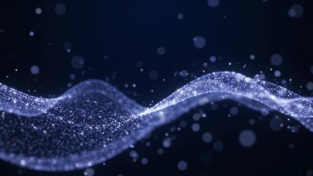 Glowing blue and violet particle wave flowing smoothly across a dark space, ideal for technology, science and futuristic intros.