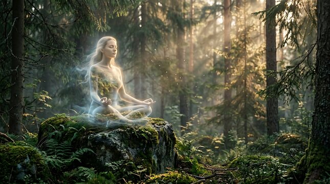 Ethereal woman meditating in enchanted forest