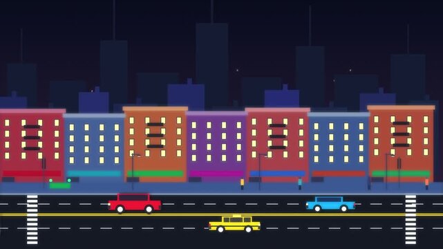 Pixel art cityscape at night, animated city traffic with cars and bus on street, flat design buildings and skyline