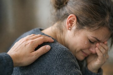 Fototapeta premium A woman holds her head in her hands, showing emotional distress