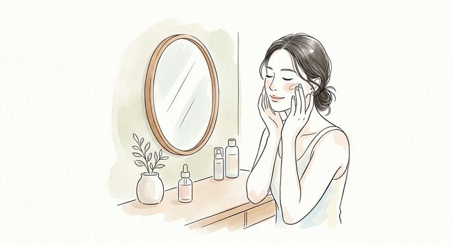 A gentle line art illustration of a young woman in a tank top applying skincare lotion to her cheeks in front of an oval mirror