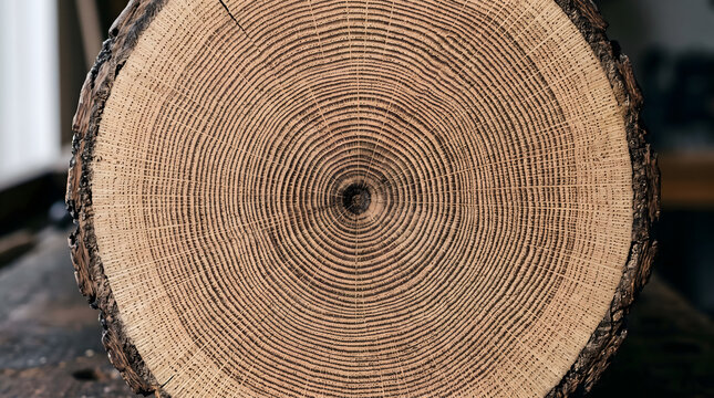 round cross section wooden log tree stump slice displaying visible annual growth rings and textured bark resting on dark workshop table for forestry carpentry and timber craftsmanship