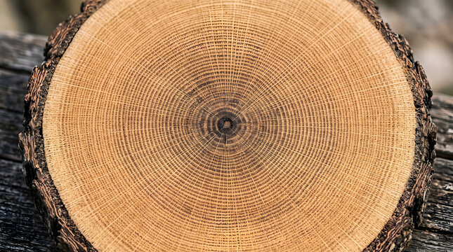 overhead close up view of round natural wood tree trunk slice showing detailed concentric annual growth rings pattern and organic rough bark perimeter for environmental timber concept