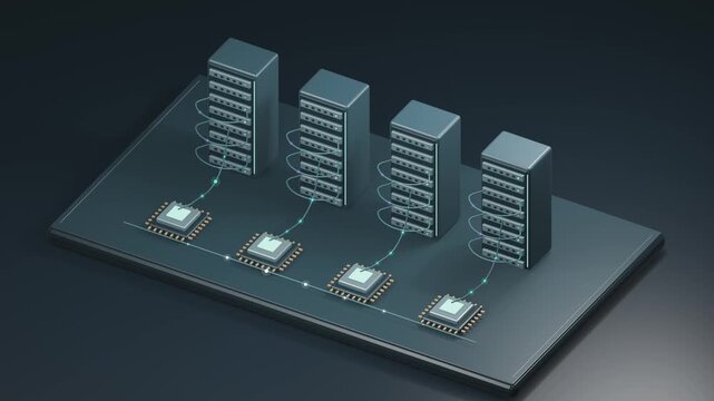 AI processors and server racks with flowing data connections