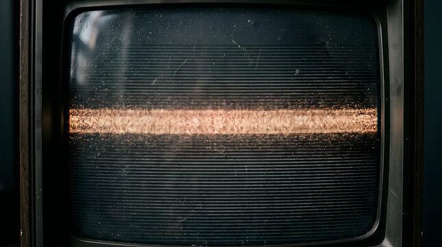 close up of vintage television cathode ray tube monitor displaying illuminated horizontal noisy scan band on dark screen with phosphorus pixel grain for retro analog video tech concept