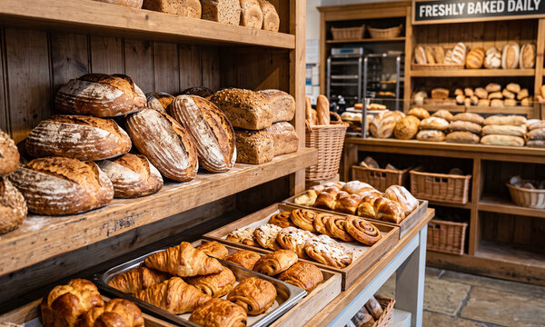 Assorted freshly baked artisan breads and pastries displayed on wooden shelves in a rustic bakery shop