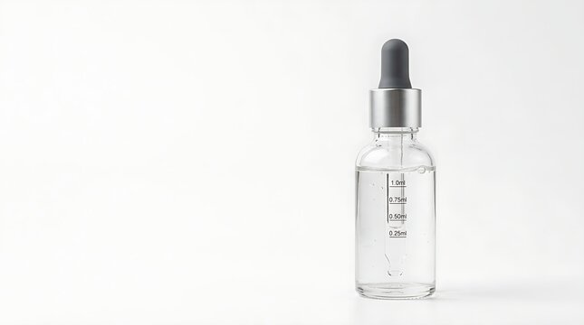 Glass dropper bottle with clear liquid serum isolated on white background for skincare product packaging design.