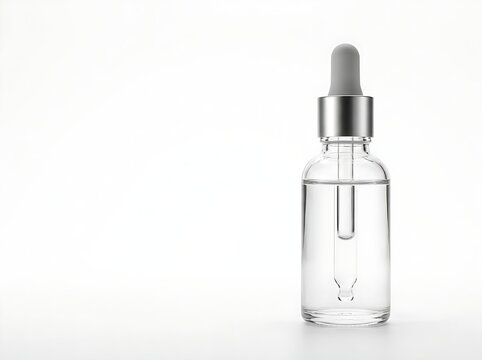 Minimalist glass cosmetic serum bottle with silver collar and grey dropper isolated on plain white background.