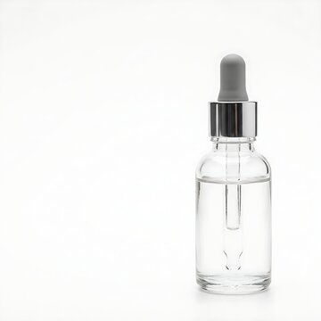 Clear glass dropper bottle filled with transparent serum isolated on a seamless white background with copy space.