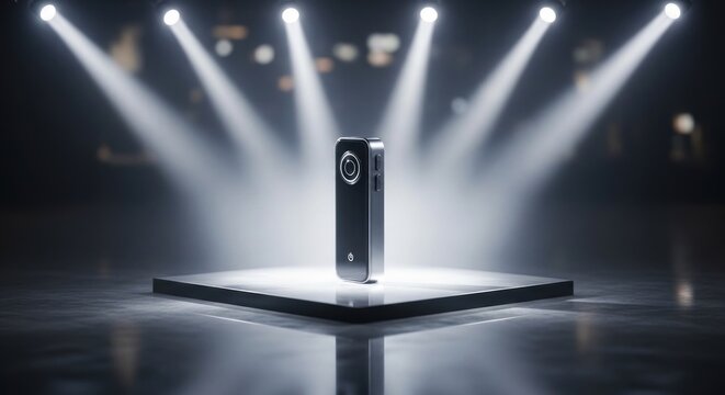 360 degree camera standing on a pedestal under dramatic spotlight illumination in a dark studio