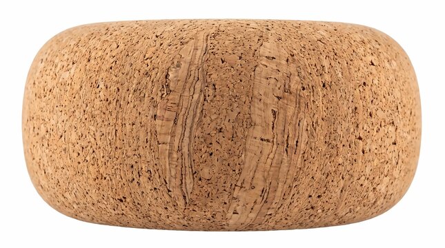 Natural round cork cylinder object showing detailed rough porous texture isolated on a white background surface