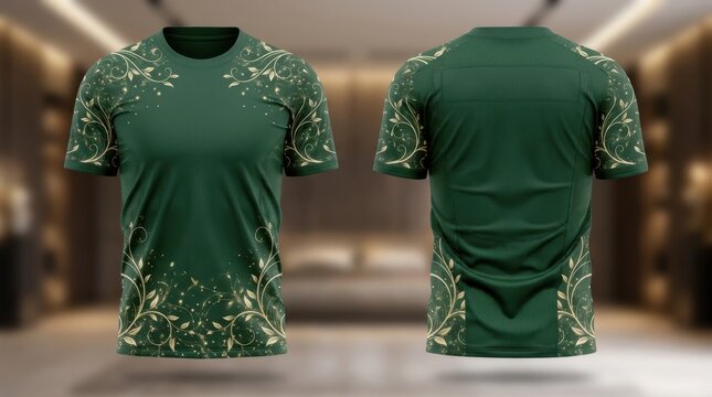 Green T-shirt with ornate gold floral pattern front and back view.