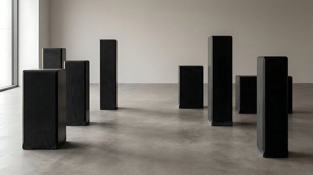 Minimalist black pedestals in empty gallery space