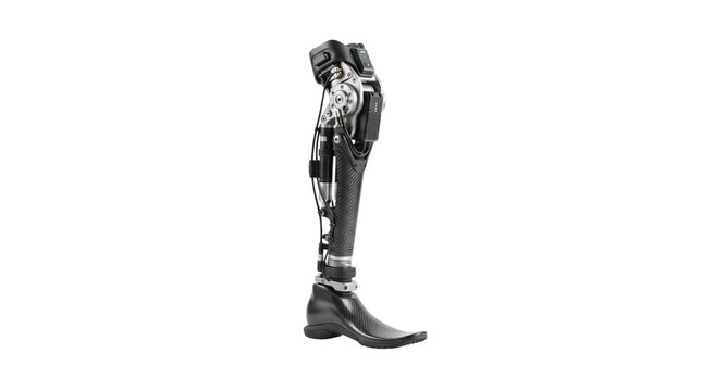 Advanced bionic prosthetic leg with robotic knee joint, high-tech carbon fiber artificial limb, modern medical prosthesis for amputees on white background