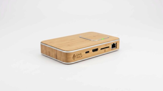 Modern bamboo usb c docking station with wireless charging pad isolated on a plain white background