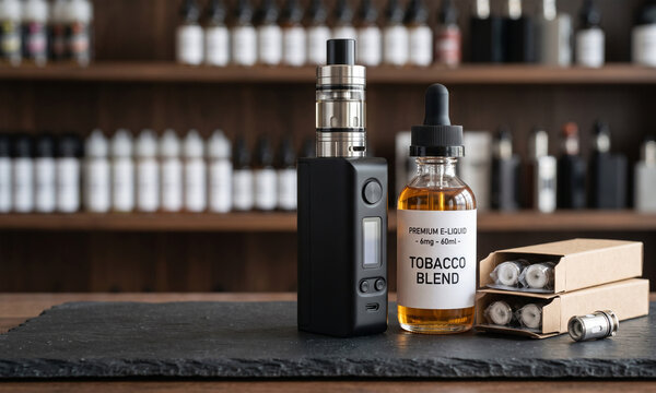 Vape mod and tobacco blend eliquid bottle on a slate surface in a shop