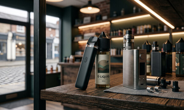 Modern vaping devices and eliquid bottle displayed on a wooden shop counter