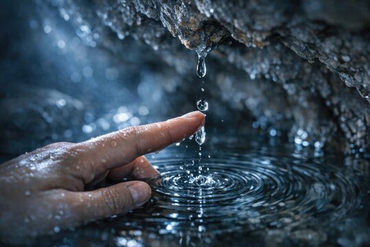 A person's hand stretching out to grab a drink from a flowing fountain