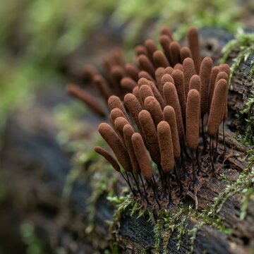 Brown slime mold growing on a mossy log in a natural forest