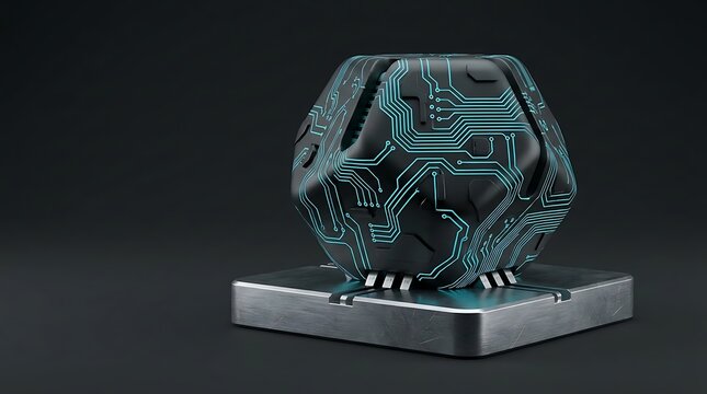 Futuristic glowing circuit board sphere on pedestal