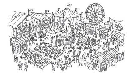 Obraz premium Crowd of people celebrating at an outdoor beer festival line art