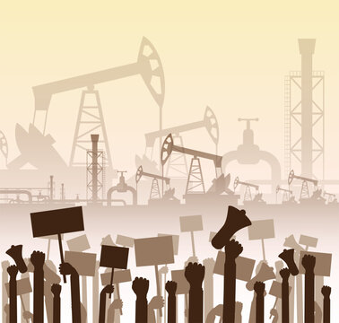 Crowd of protesting people against an industrial background with an oil pipeline and oil pumps. Vector illustration.