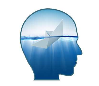 Profile of a human head. Paper boat sinking in water. Isolated on a white background. Vector illustration.