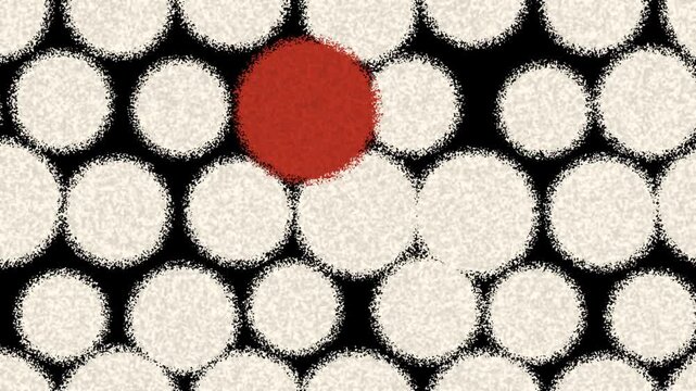 Halftone discs pulsing on the beat with one red disc jumping, screenprint on black, seamless loop