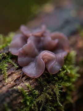 Violet jellydisc fungus Ascocoryne sarcoides on a moss-covered decaying log