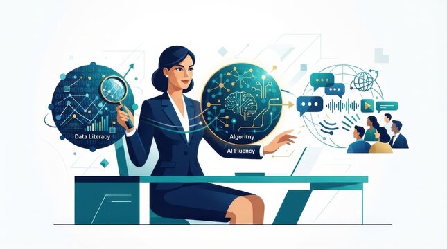 A woman leads a discussion on digital skills related to data literacy and AI fluency in a corporate office environment.