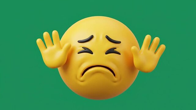 3d emoticon with sad face and raised hands on green screen grid