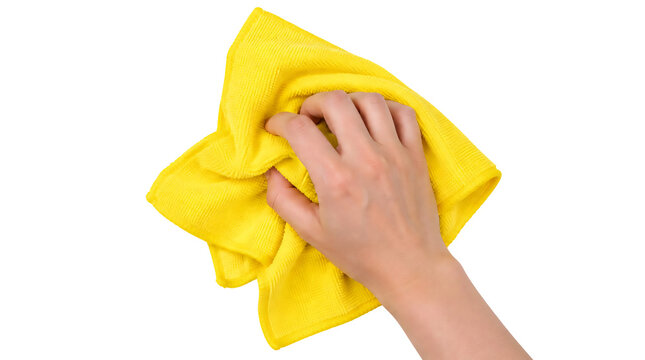 A hand holding cleaning yellow towel isolated on transparent background