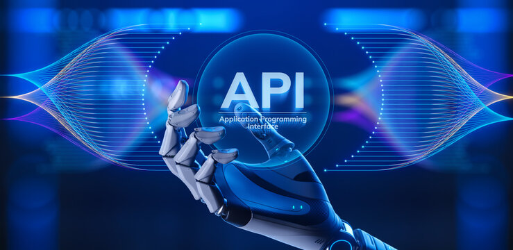 Robot Hand Holding API Hologram - Application Programming Interface and AI Technology Concept