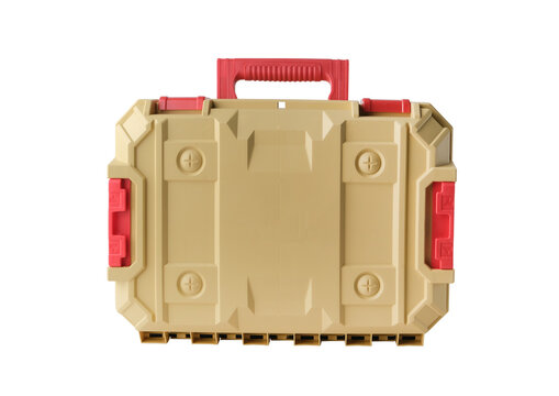 Beige and red tool case isolated on white background