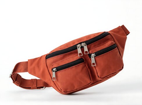 Terracotta red crossbody waist bag with multiple zipped pockets isolated on a plain white surface.