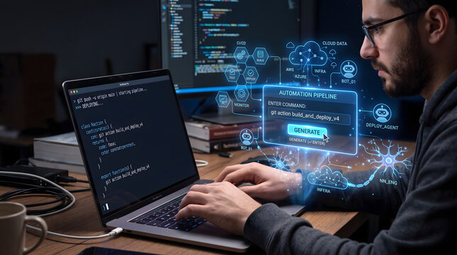 male software engineer writing code on laptop while managing automated cloud deployment pipeline with glowing holographic devops icons and neural network nodes in dark modern office