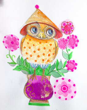 owl with flowers fantasy watercolor cartoon