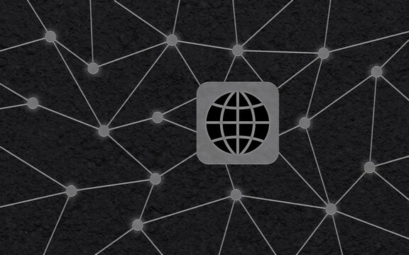 Globales Internet-Symbol im Zentrum eines digitalen Netzwerks mit Knotenpunkten auf dunkler Textur, das globale Kommunikation und Datenverbindung symbolisiert.