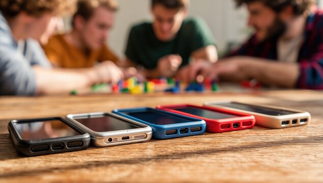 Smartphone row in colorful cases on wooden table with mobile phone devices and social group of friends lifestyle