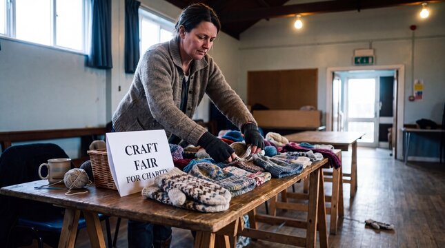 Woman arranging handmade knits at a charity craft fair