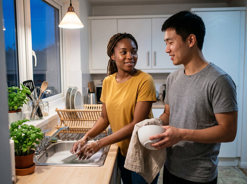 Two flatmates in their 20s clearing the kitchen together