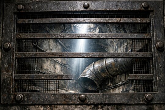 A close-up shot of a metal grate with a pipe protruding from it, suitable for industrial or infrastructure scenes