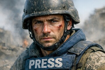 Obraz premium A journalist in uniform with a press badge, suitable for news or army-themed images
